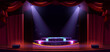 Theater stage or concert hall with podium, spotlights and red curtains. Award ceremony, presentation or live performance show scene, illuminated platform under light beams, Cartoon vector illustration