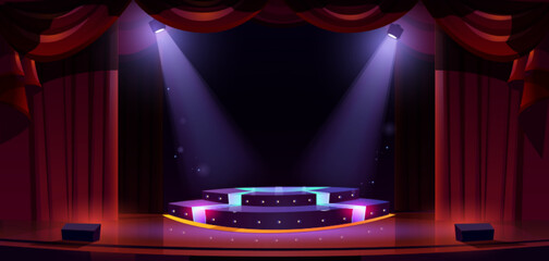 Wall Mural - theater stage or concert hall with podium, spotlights and red curtains. award ceremony, presentation
