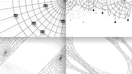 Set Spiders on Web Collection with white Background. Halloween Background Design Element. Spooky, Scary Horror Decoration Vector