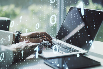 Aufkleber - Double exposure of creative abstract binary code hologram and hands typing on laptop on background. Database and programming concept