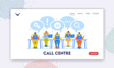 Wall Mural - call center landing page template. hotline operators help clients to solve their problems. friendly 
