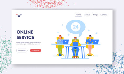 Wall Mural - online service landing page template. call center operators with headset work on support hotline in 