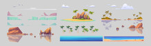Tropical Island Landscape Constructor For Game. Set Of Nature Graphic Design Elements. Isolated Sea Water, Palm Trees Clouds, Flying Birds, Rocks And Ocean Sandy Beach, Cartoon Vector Illustration
