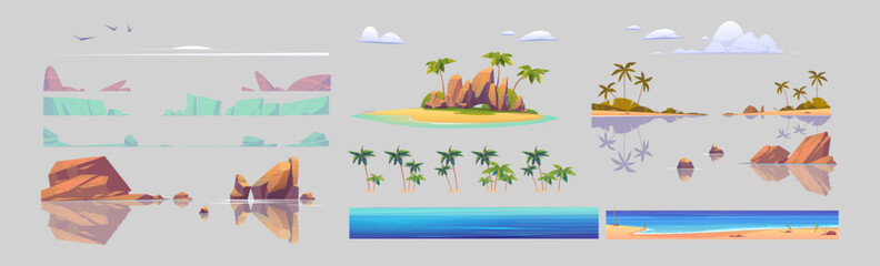 Tropical island landscape constructor for game. Set of nature graphic design elements. Isolated sea water, palm trees clouds, flying birds, rocks and ocean sandy beach, Cartoon vector illustration