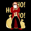 © MaMboh - Bad cool old santa claus with tattoos and a beard in a fur coat with a hood. Gold glitter print. Sunglasses, confident posture. Vector illustration. Sack of money