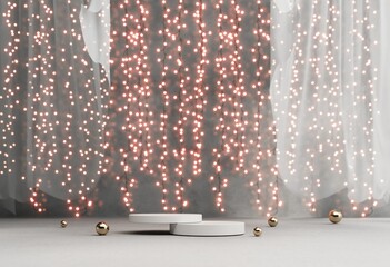 Wall Mural - Christmas podium, stand, showcase for product presentation with flying fabric, garland and festive lights. New Year greeting card, poster, banner with luminous curtain - 3D, render.