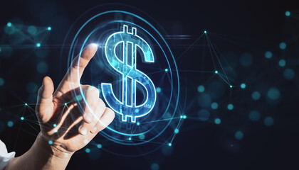 Poster - Close up of man hand pointing at creative glowing dollar hologram on dark backround. Futuristic hi-tech digital money and electronic economy of the future concept.