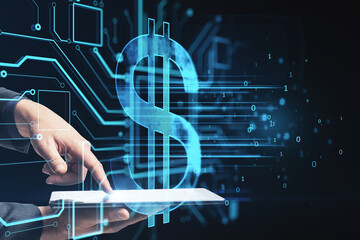 Poster - Close up of businessman hand pointing at tablet with creative glowing dollar hologram on dark backround. Futuristic hi-tech digital money and electronic economy of the future concept.