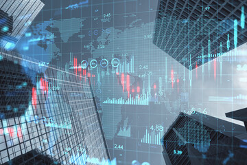 Aufkleber - Real estate and global market growth concept with rising financial chart diagram on perspective view on skyscrapers background, double exposure