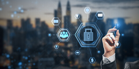 Poster - Close up of businessman hand using abstract glowing padlock hologram on blurry wide city background. Secure web and protection concept. Double exposure.