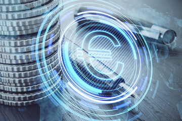Poster - stacked coins and fountain pen on desktop with creative glowing round euro icon and map hologram on blurry background.