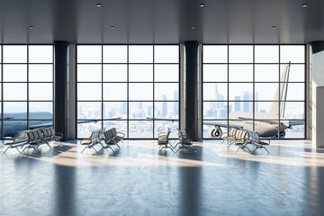 Poster - Travel and holidays concept with side view on light empty seat rows in sunlit spacious airport waiting area hall with planes view through panoramic windows and concrete floor. 3D rendering