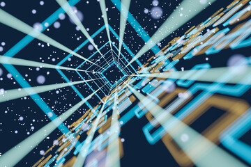 Poster - Time machine concept with abstract background with tunnel effect of bright and blurred dots and squares on dark backdrop. 3D rendering