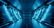 © sdecoret - Blue spaceship interior with neon lights on panel walls. Futuristic corridor in space station background. 3d rendering