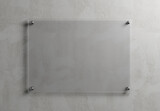 Transparent glass sign plate on wall mockup. Template of a blank plastic business signboard on concrete texture. 3D rendering