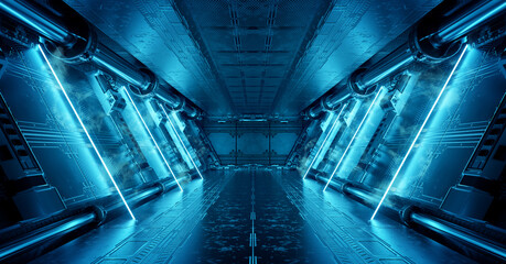 Leinwandbilder - Blue spaceship interior with neon lights on panel walls. Futuristic corridor in space station background. 3d rendering