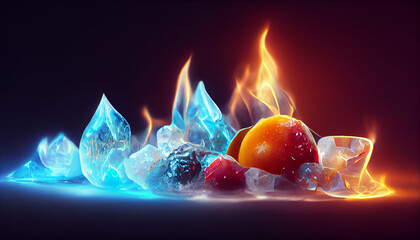 Wall Mural - frozen orange and other fruits for drinks. Cold winter frozen ice cubes emit heat and flame. Inspired by song of ice and fire mythology. Fire contained inside ice crystal, inner fire inside glass