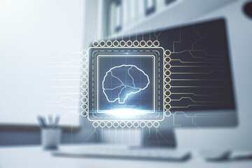 Poster - Double exposure of creative artificial Intelligence symbol and modern desktop with laptop on background. Neural networks and machine learning concept