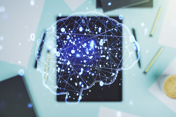 Poster - double exposure of creative artificial intelligence symbol and digital tablet on background, top vie