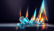 melt ice crystals burning with red yellow fire. Cold winter frozen ice cubes emit heat and flame. Inspired by song of ice and fire mythology. Fire contained inside ice crystal, inner fire inside glass