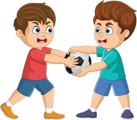 Cartoon two boys fighting over a soccer ball