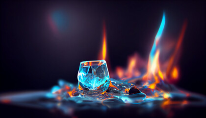 Wall Mural - ice glass. Cold winter frozen ice cubes emit heat and flame. Inspired by song of ice and fire mythology. Fire contained inside ice crystal, inner fire inside glass