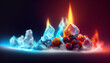 ice fruits burning with red yellow fire. Cold winter frozen ice cubes emit heat and flame. Inspired by song of ice and fire mythology. Fire contained inside ice crystal, inner fire inside glass