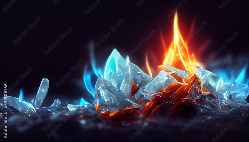 melt ice crystals burning with red yellow fire. Cold winter frozen ice ...