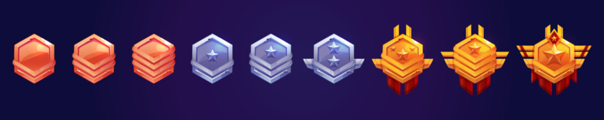 Poster - game rank icons, level badges, bronze, silver and gold metallic ui hexagon tags with military stars 