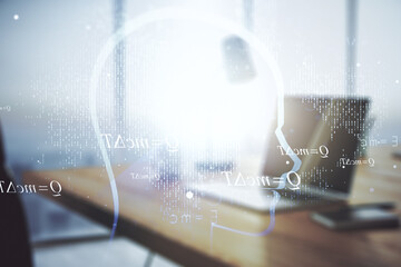 Aufkleber - Creative artificial Intelligence concept with human head hologram on modern laptop background. Multiexposure