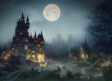 Fantasy Castle On A Full Moon Night. 