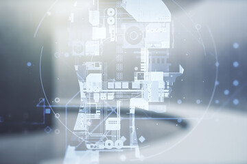 Poster - Double exposure of creative artificial Intelligence hologram on empty modern office background. Neural networks and machine learning concept