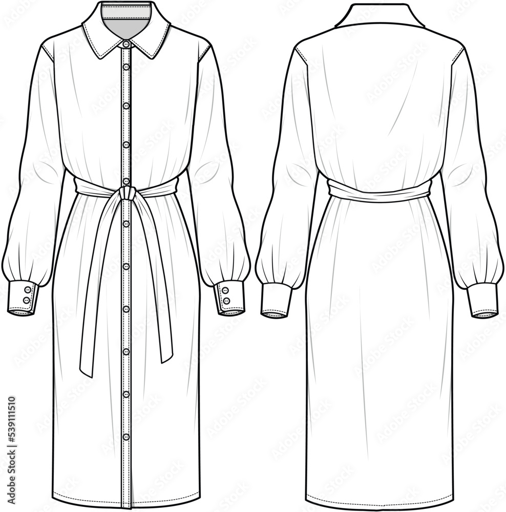 midi dress sketch Collared Long Sleeve Midi Dress with Belt Front and Back View. Fashion  Illustration, Vector, CAD, Technical Drawing, Flat Drawing, Template,  Mockup. Stock Vector