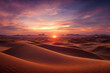 Mesmerizing view of vast sand dunes in the Sahara Desert, bathed in golden sunrise hues, showcasing nature's artistry. Perfect embodiment of untouched beauty and tranquility  