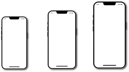 Aufkleber - Realistic models of smartphones with transparent screens. Modern popular phones. Front view of the device. Smartphone mockup collection. Mobile phone with shadow on a transparent background. PNG image