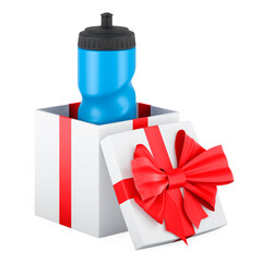 Poster - Plastic sport water bottle inside gift box, gift concept. 3D rendering