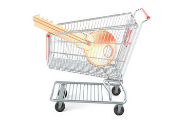 Poster - Shopping cart with key, 3D rendering