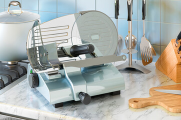 Slicing machine on the kitchen table. 3D rendering