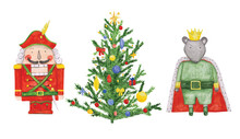 Nutcracker Ballet Clipart. The Watercolor Nutcracker, Christmas Tree, And Mouse Are Isolated On A White Background. Cute Characters. Winter Holiday, Decorated Tree, Solder, And The Mouse King.