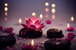 Abstract interior spa  background  with candles, rose, petals and  lotuses.  Ai generated.