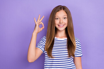 Poster - Photo of positive cheerful funny girl with straight hairdo dressed striped t-shirt hand showing okey isolated on purple color background