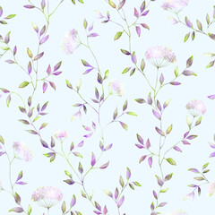 Vintage faded floral seamless pattern on pastel blue background. Pastel color violet neon green flowers leaves botanical repeat print. Retro elegant design.