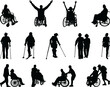 Silhouettes of old and disabled people on a white background