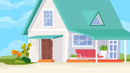 Wall Mural - Suburban house building view, banner in flat cartoon design. Exterior of country house, with windows, doors and terrace. Cottage at village, rural realty estate. Illustration of web background