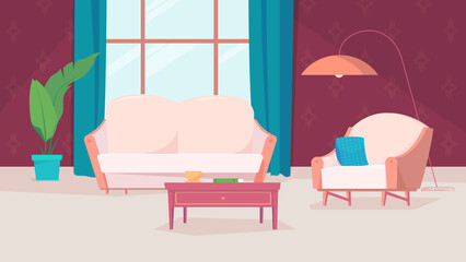 Wall Mural - Living room interior, banner in flat cartoon design. Apartment inside with sofa, armchair with pillow, coffee table, window with curtain, potted plant and decor. Illustration of web background