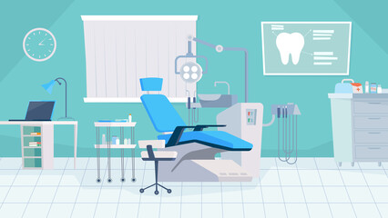 Dentist office interior, banner in flat cartoon design. Dental chair, medical equipment for stomatology treatment, workstation with computer, orthodontic tools. Illustration of web background