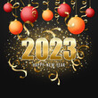 Happy new year 2023. Instagram post. Christmas red and orange balls and gold serpentine. Vector illustration. 
