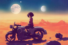 Anime Girl In The Desert Sitting On A Motorcycle, Concept Art