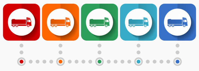 Fototapete - Truck vector icons, infographic template, set of flat design fuel cistern symbols