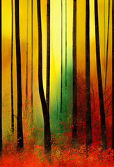 Birch forest artwork in vivid colors of red, green and yellow. Abstract digital art in the style of a traditional painting.